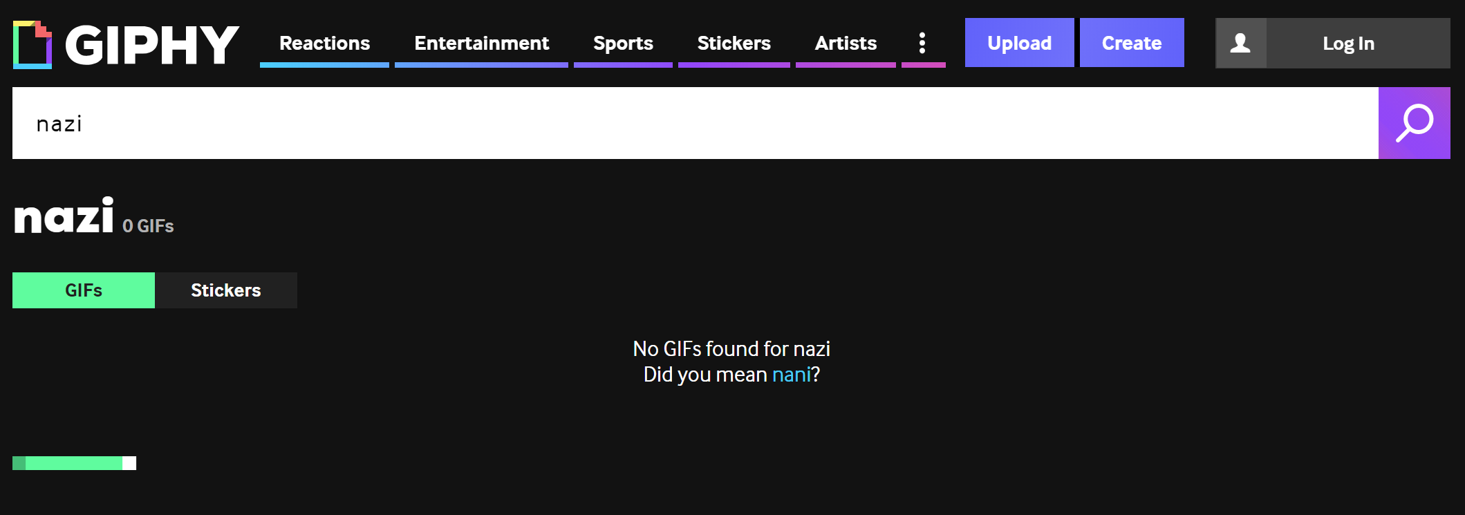 Giphy search for 'nazi', resulting in 'No GIFs found for nazi'