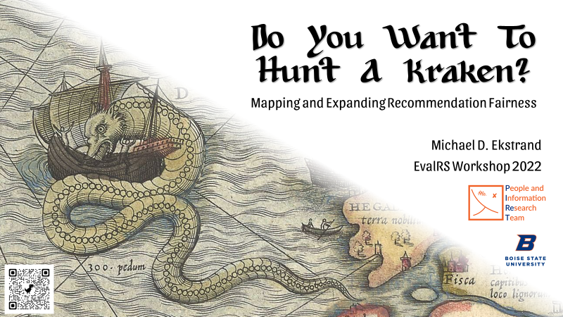 The cover slide of the talk. It shows a picture of a sea monster from a map, and the title information.